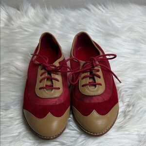 Cole Haan Kody Red Mesh/ Suede / Tan Leather Lace Oxford Flat Shoes Womens 6 B